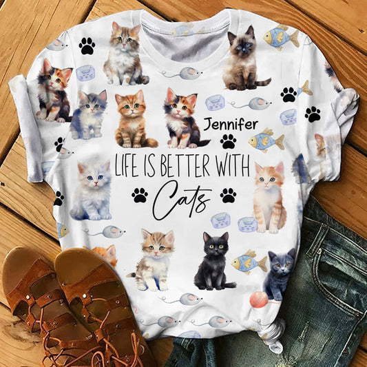 La vie est plus belle avec des chats - T-shirt personnalisé avec un motif chat.