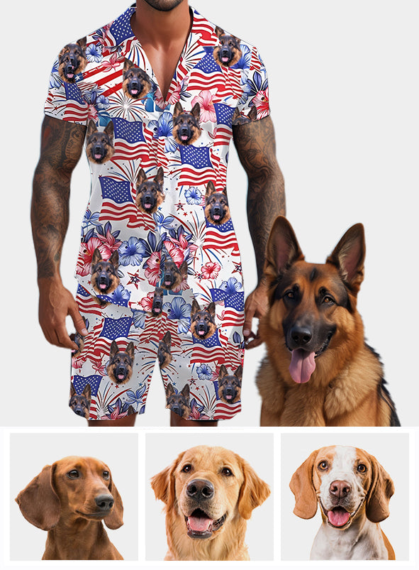 Chemise hawaïenne personnalisée pour chien et short pour homme « Chien patriotique » - Modèles patriotiques