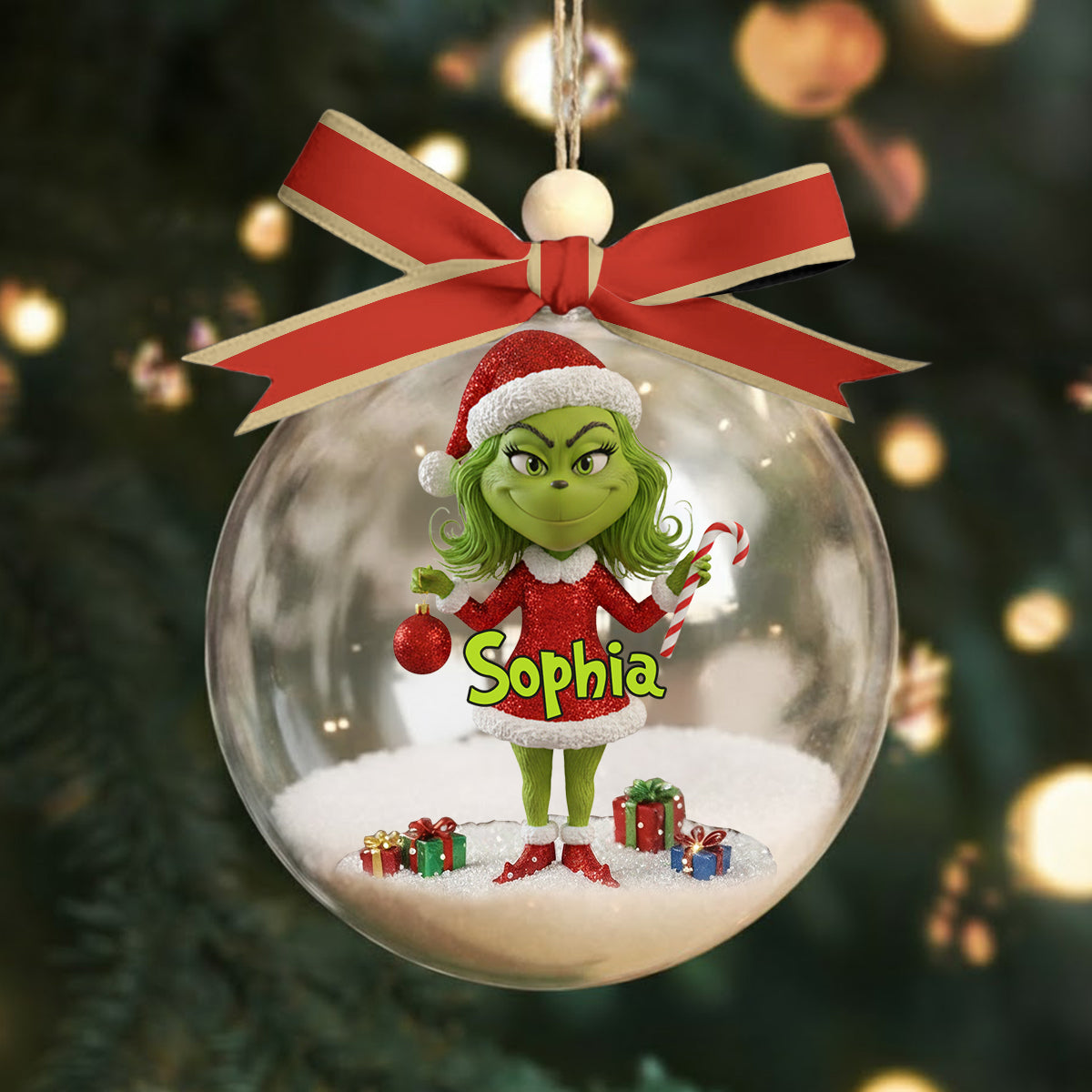 Joyeux Grinchmas - Boule à neige personnalisée avec étole et nœud