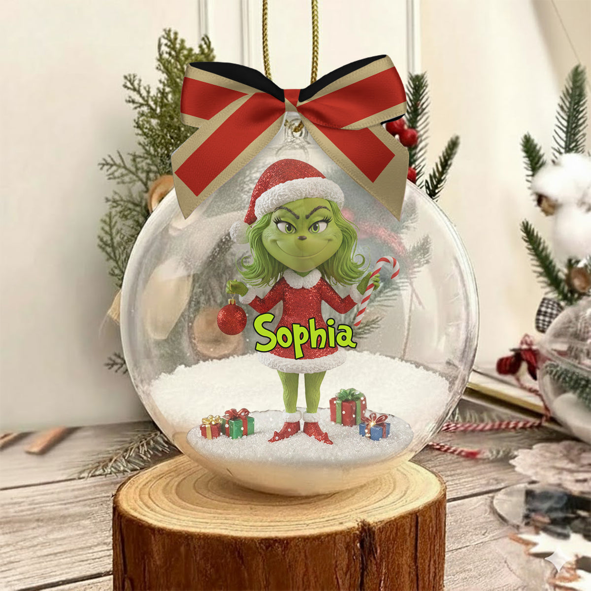 Joyeux Grinchmas - Boule à neige personnalisée avec étole et nœud