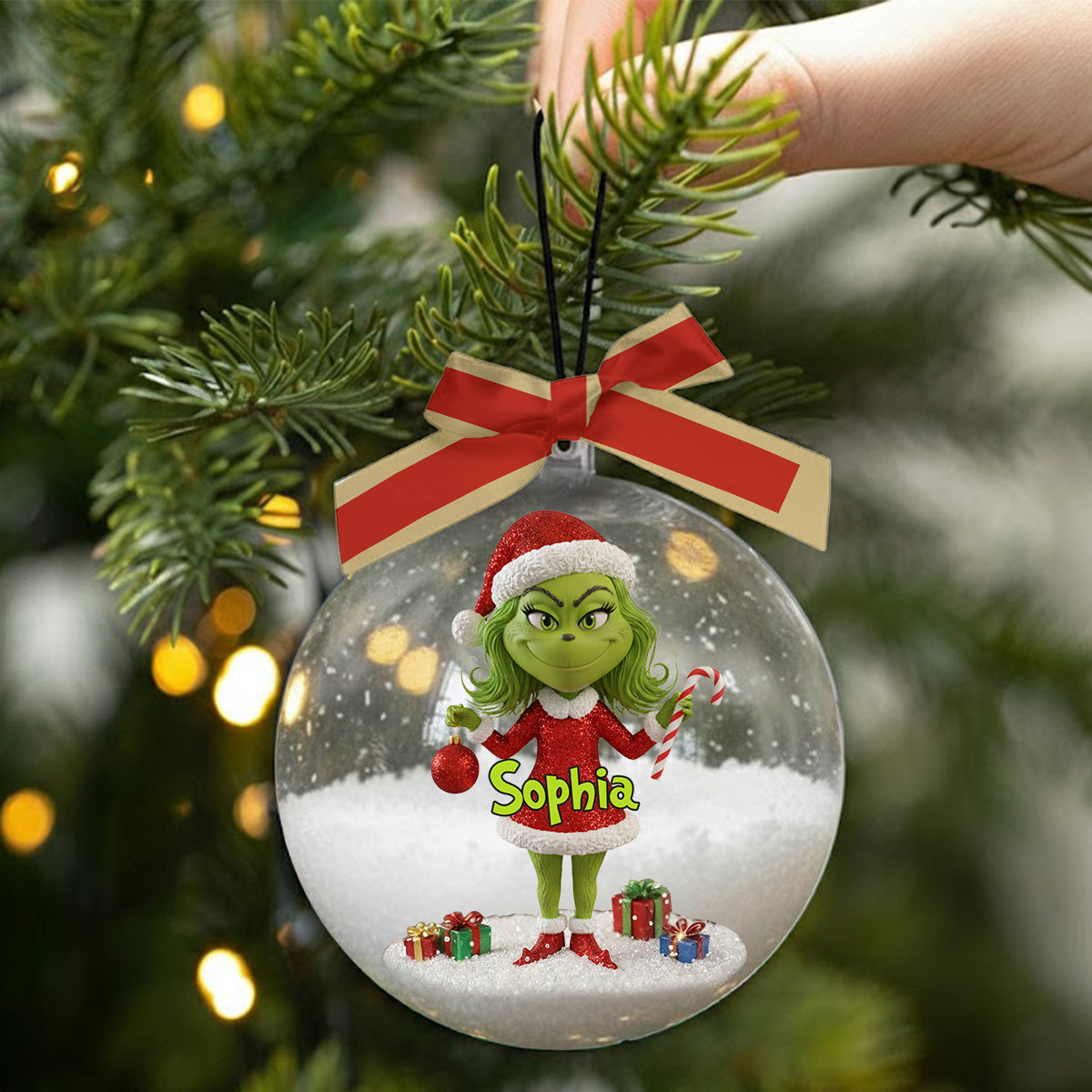 Joyeux Grinchmas - Boule à neige personnalisée avec étole et nœud