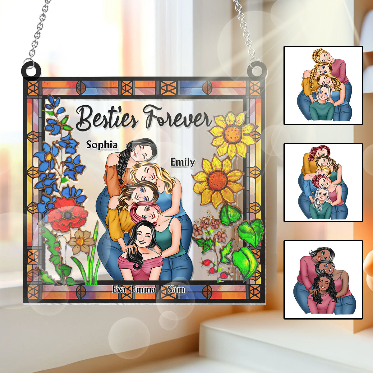 Besties Forever Floral Style - Personalized Bestie Window Hanging Suncatcher Ornament