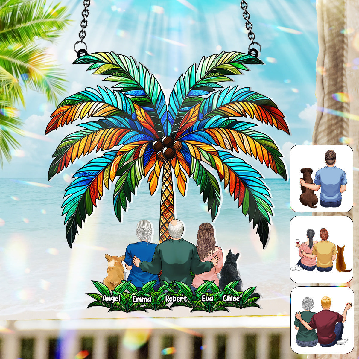 Family Under The Palm Tree - Personalized Family Window Hanging Suncatcher Ornament