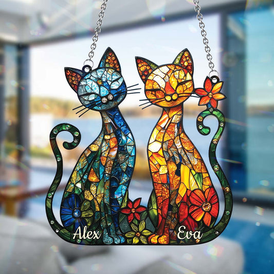 Magnifique couple de chats - Décoration attrape-soleil personnalisée à suspendre à la fenêtre - Couple de chats 