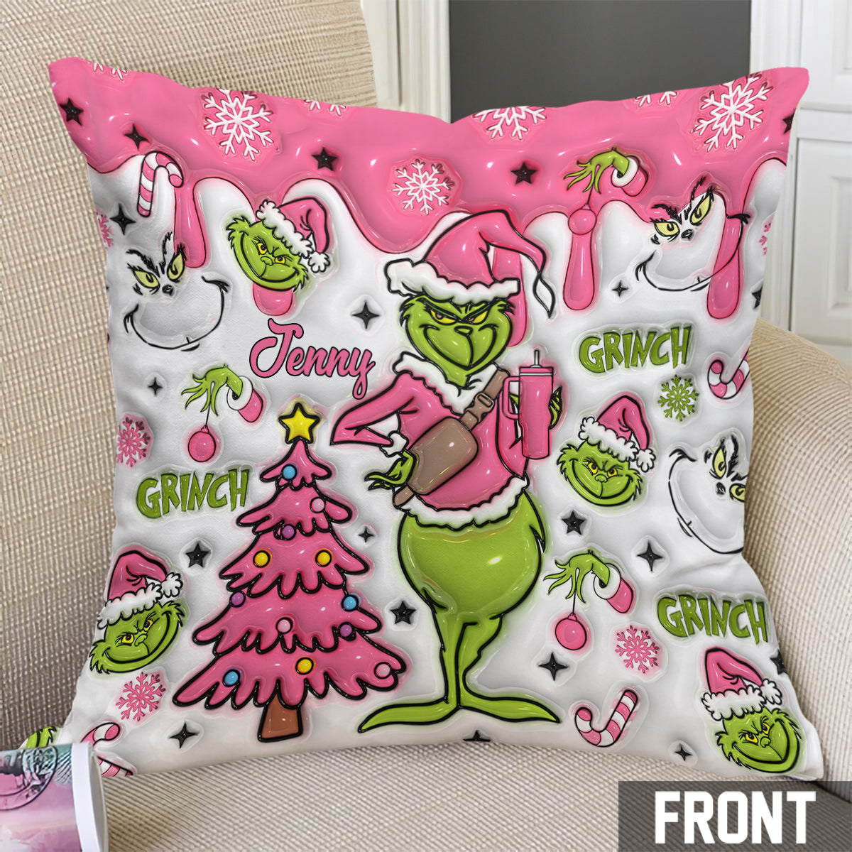Joyeux Grinchmas - Coussin décoratif de Noël personnalisé avec étole