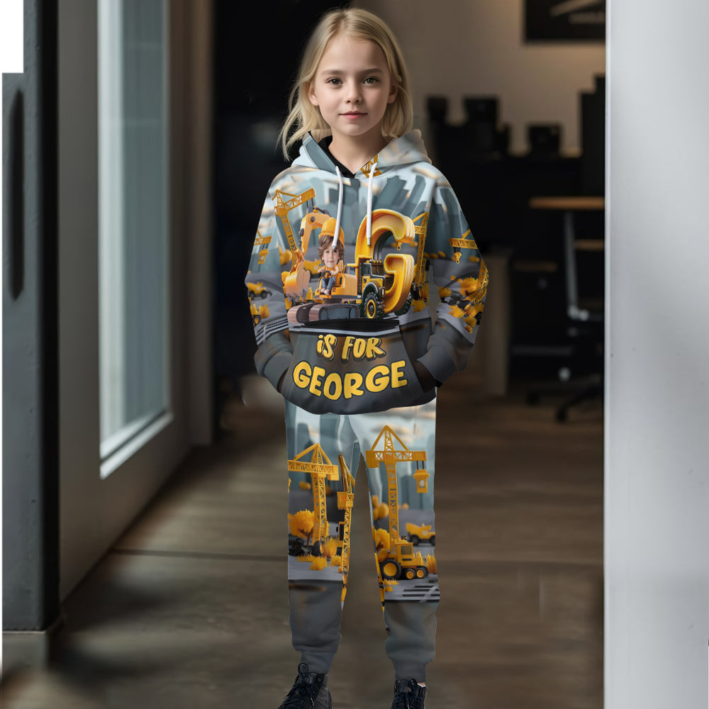 Lettres de l'alphabet des véhicules de chantier - Sweat à capuche et pantalon de jogging personnalisés pour enfant