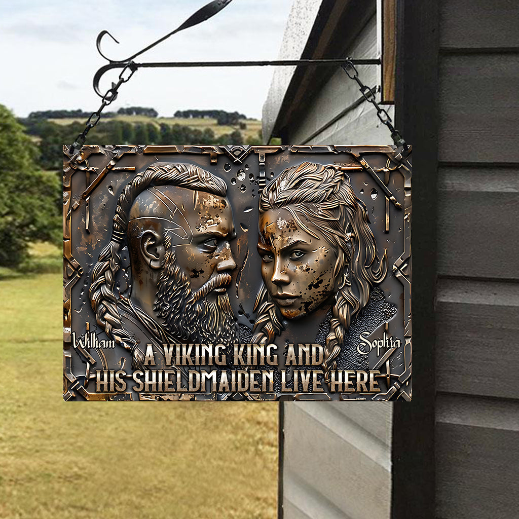 Un roi viking et sa guerrière vivent ici - Panneau métallique rectangulaire viking personnalisé