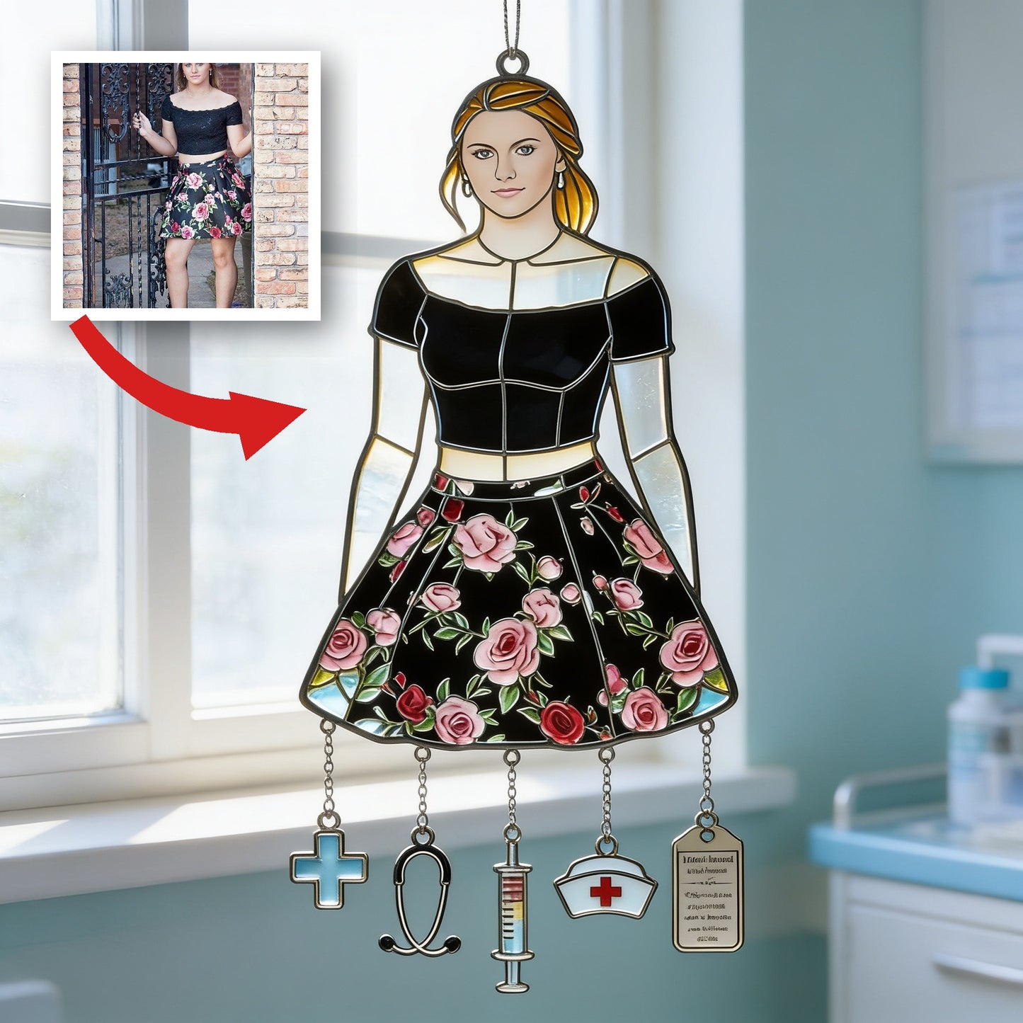 Gift For Young Woman - Custom Any Photo - Personalized Young Woman Window Hanging Suncatcher With Charms