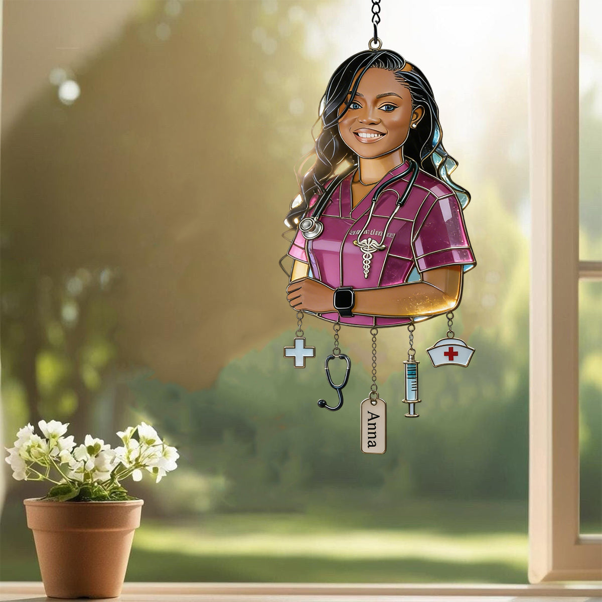Gift For Young Woman - Custom Any Photo - Personalized Young Woman Window Hanging Suncatcher With Charms
