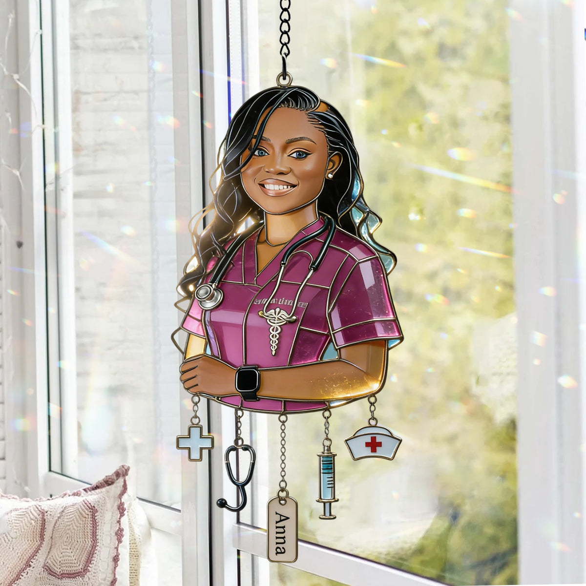 Gift For Young Woman - Custom Any Photo - Personalized Young Woman Window Hanging Suncatcher With Charms