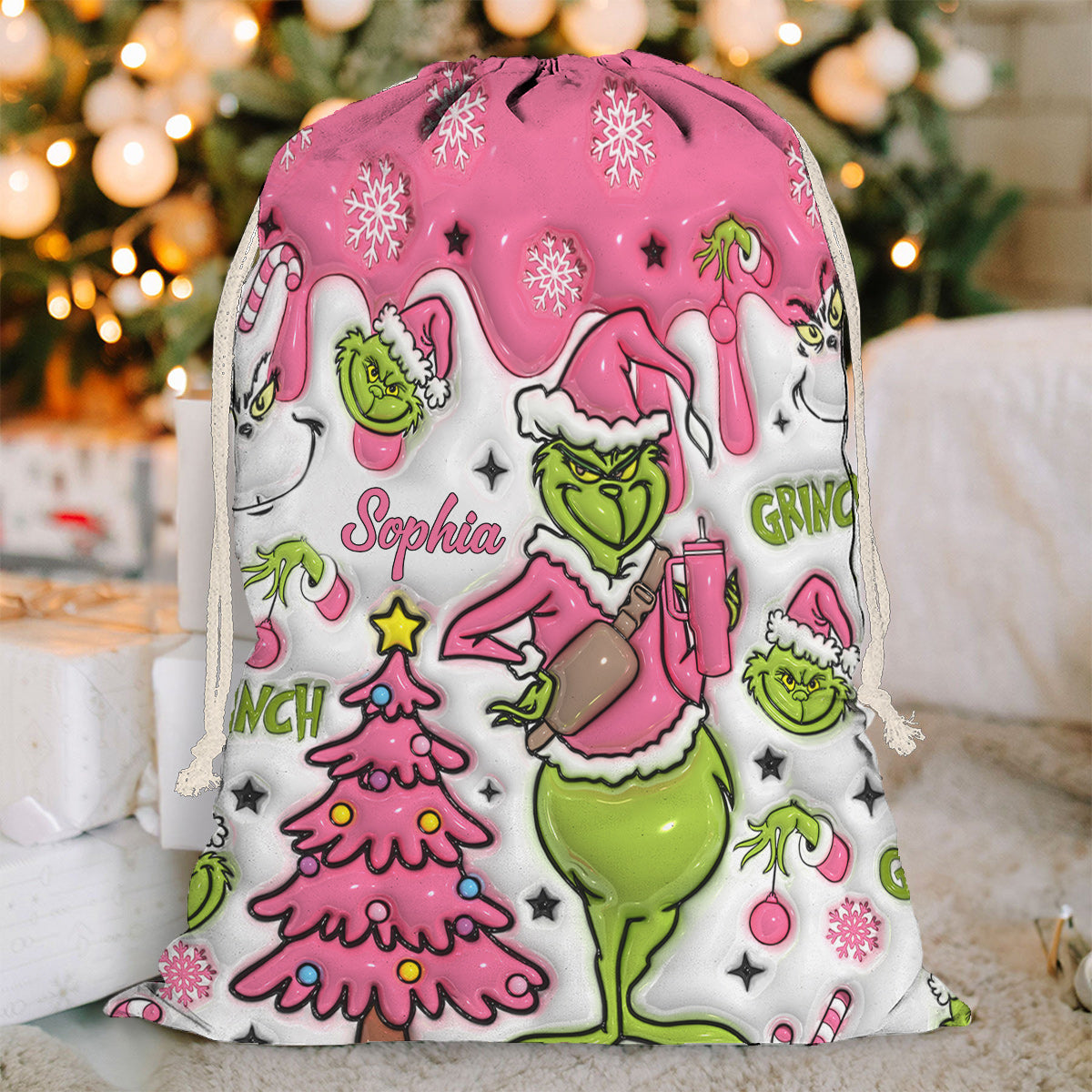 Joyeux Grinchmas - Sac fourre-tout de Noël personnalisé avec étole et cordon de serrage