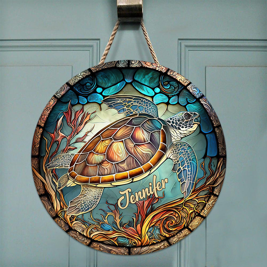 J'adore les tortues - Panneau rond en bois personnalisé avec une tortue