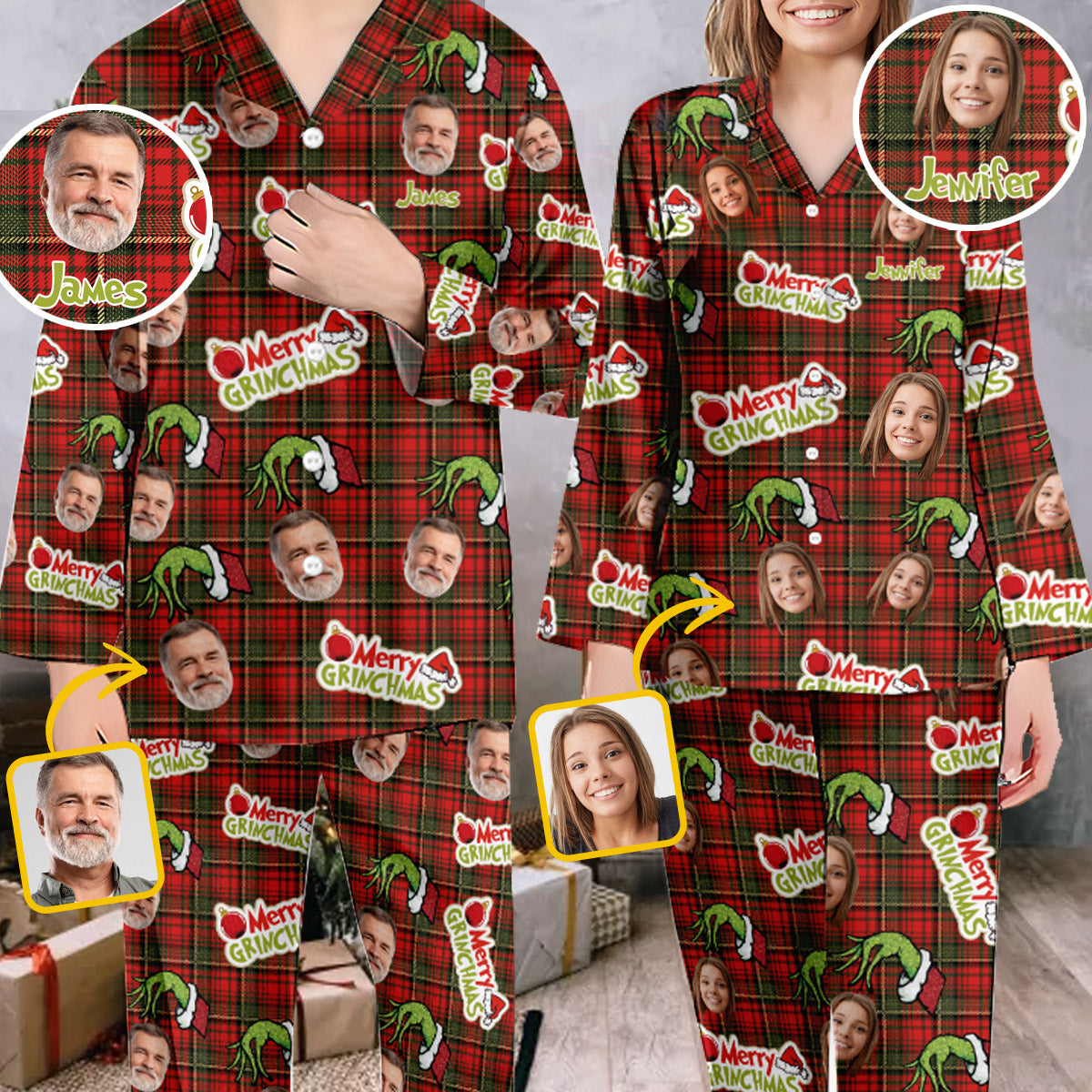 Joyeux Grinchmas - Pyjama de Noël personnalisé avec étole et boutons