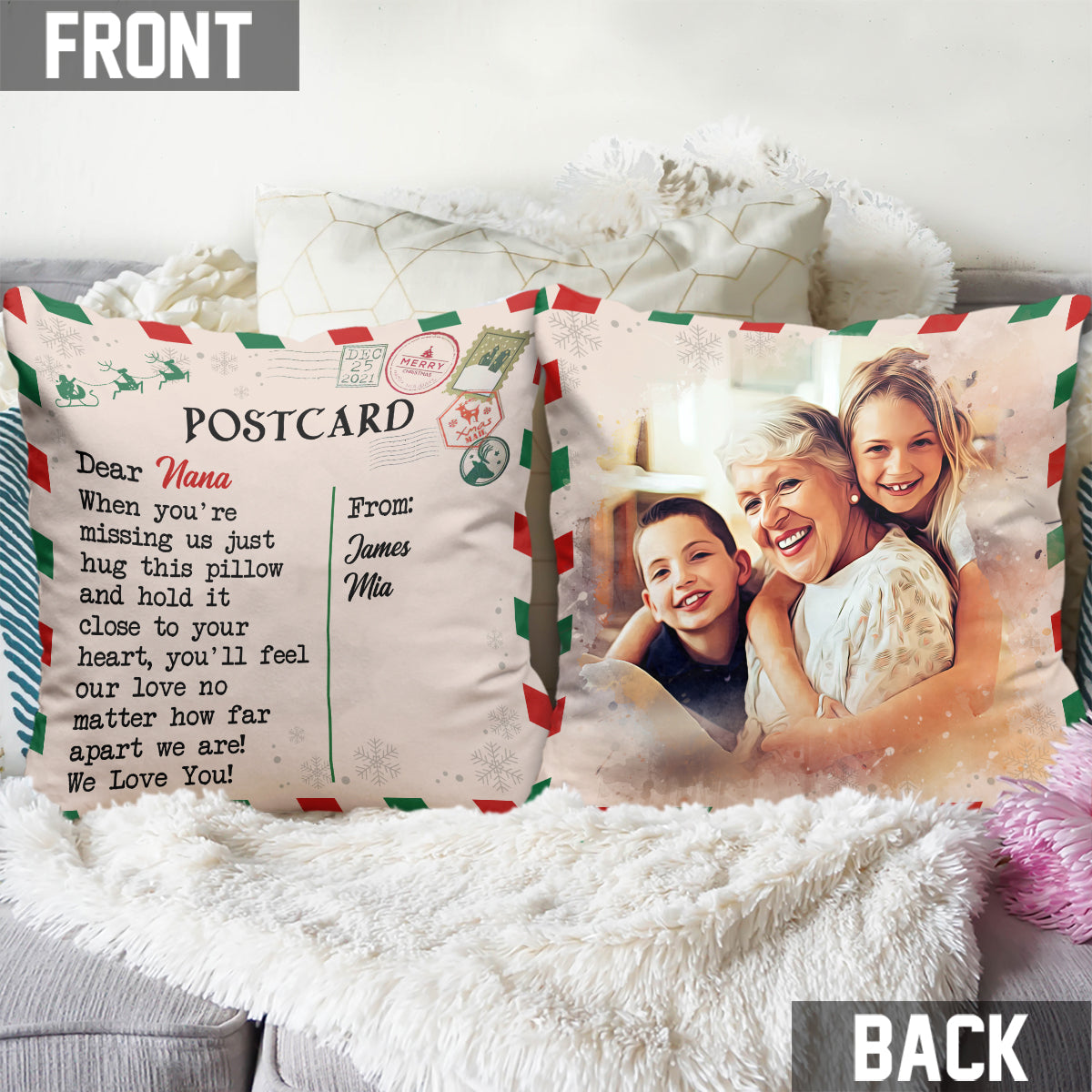 Carte postale « Chère Nana » - Coussin décoratif personnalisé pour grand-mère