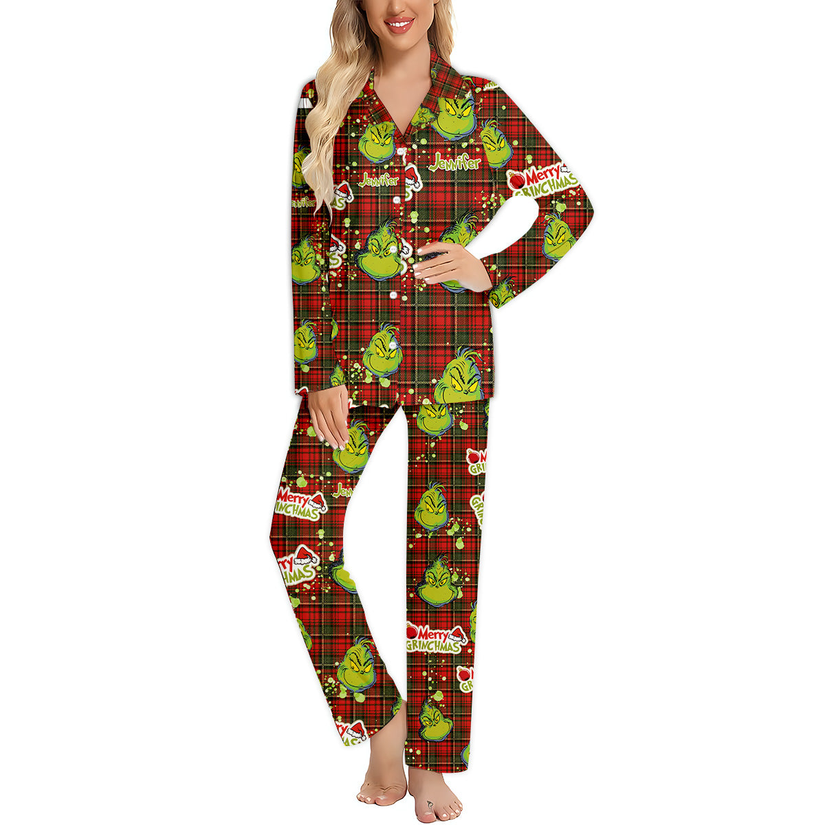 Joyeux Grinchmas - Pyjama de Noël personnalisé avec étole et boutons