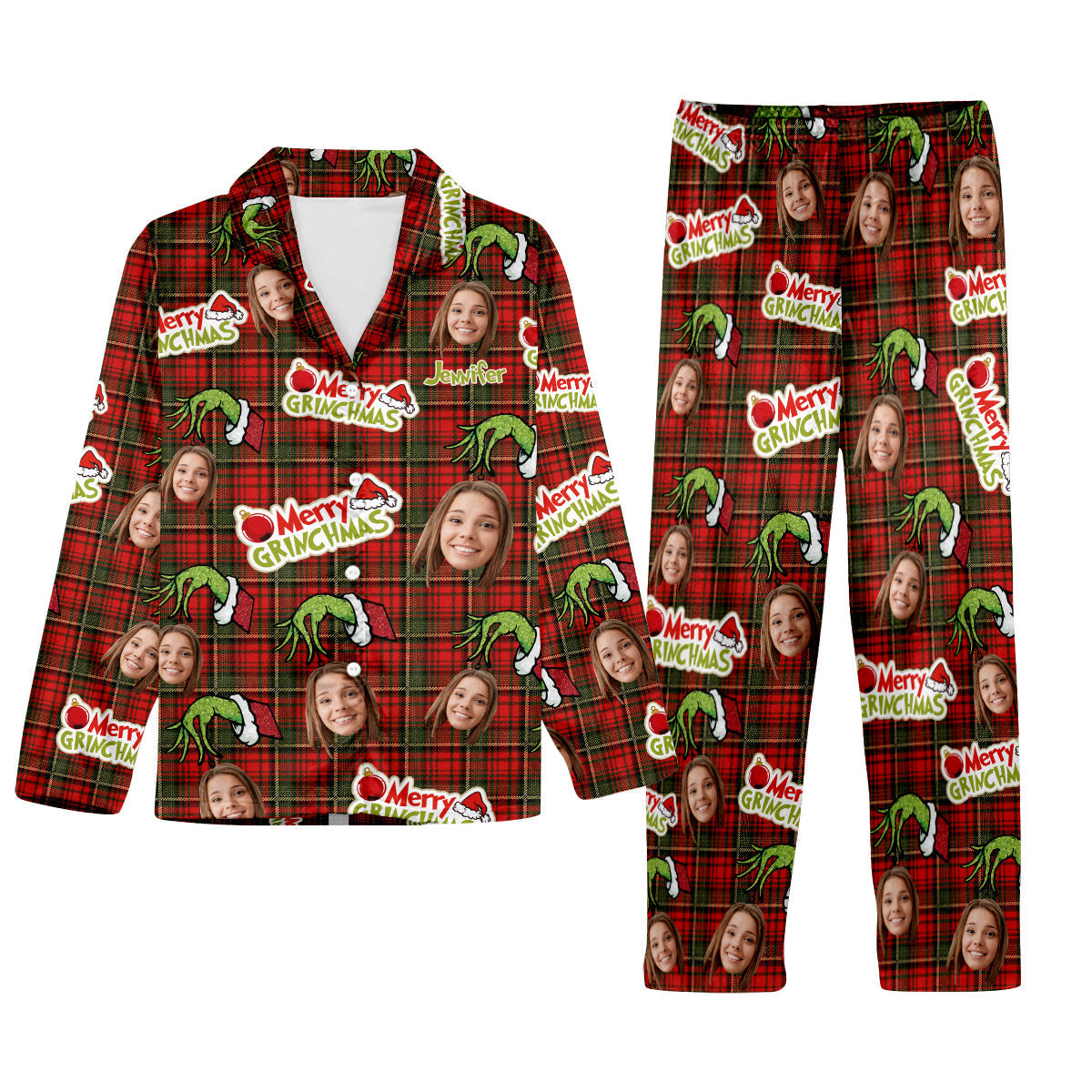 Joyeux Grinchmas - Pyjama de Noël personnalisé avec étole et boutons