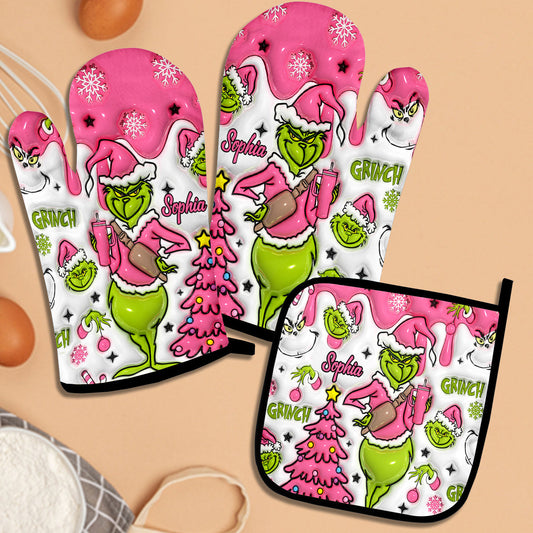 Joyeux Grinchmas ! Ensemble de gants de cuisine et maniques personnalisés avec étole de Noël