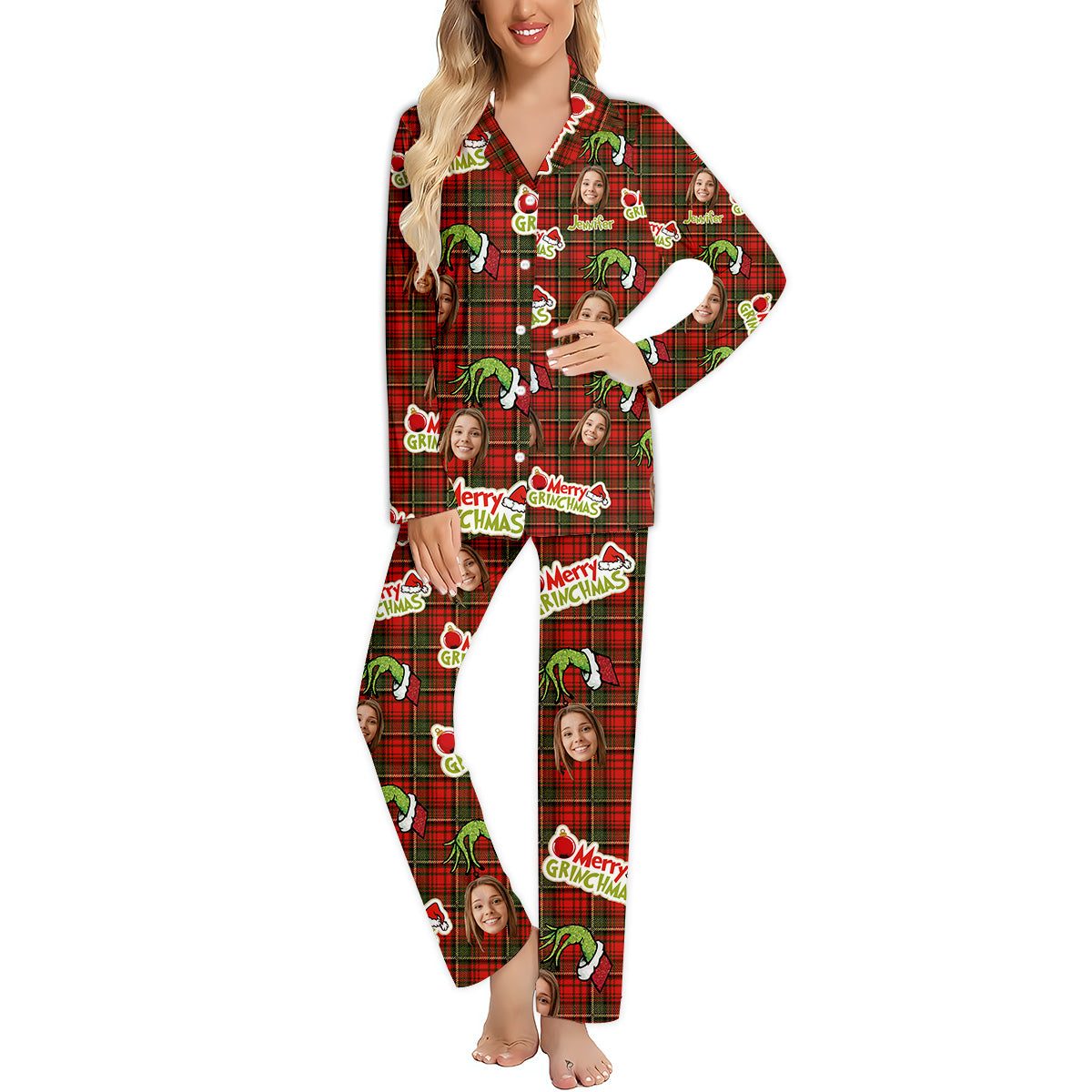 Joyeux Grinchmas - Pyjama de Noël personnalisé avec étole et boutons