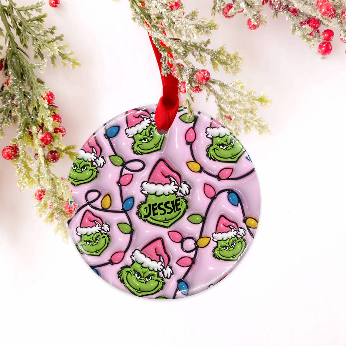 Vert et rose - Ornement rond en céramique personnalisé pour Noël - Étole