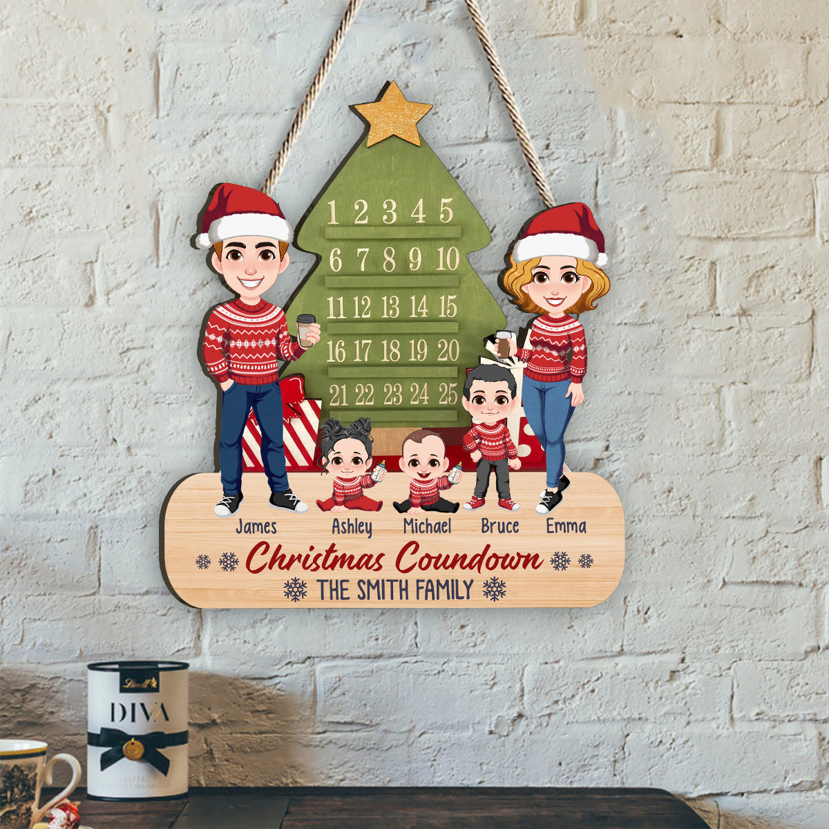 Compte à rebours de Noël en famille - Panneau en bois personnalisé pour la famille