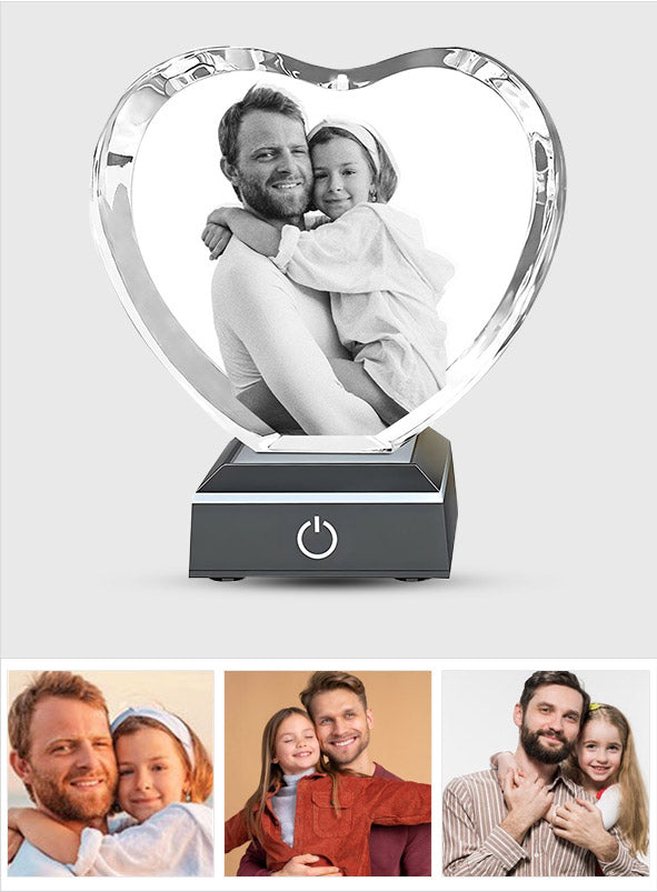 Lampe en cristal gravée au laser avec photo personnalisée - Cadeau pour papa - Lampe en cristal 3D en forme de cœur avec gravure laser personnalisée