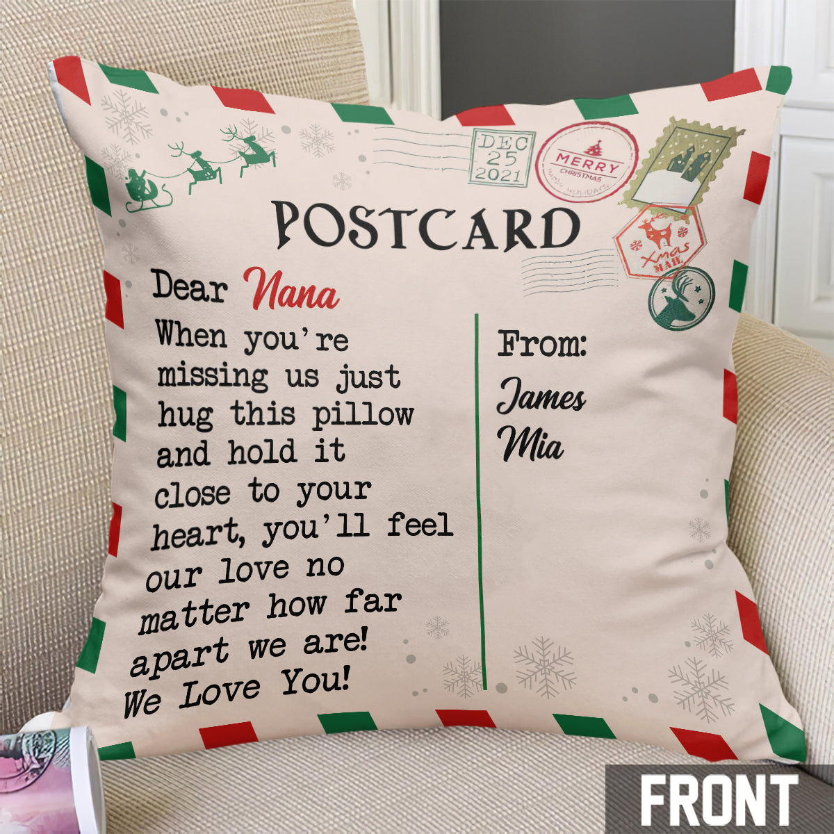 Carte postale « Chère Nana » - Coussin décoratif personnalisé pour grand-mère