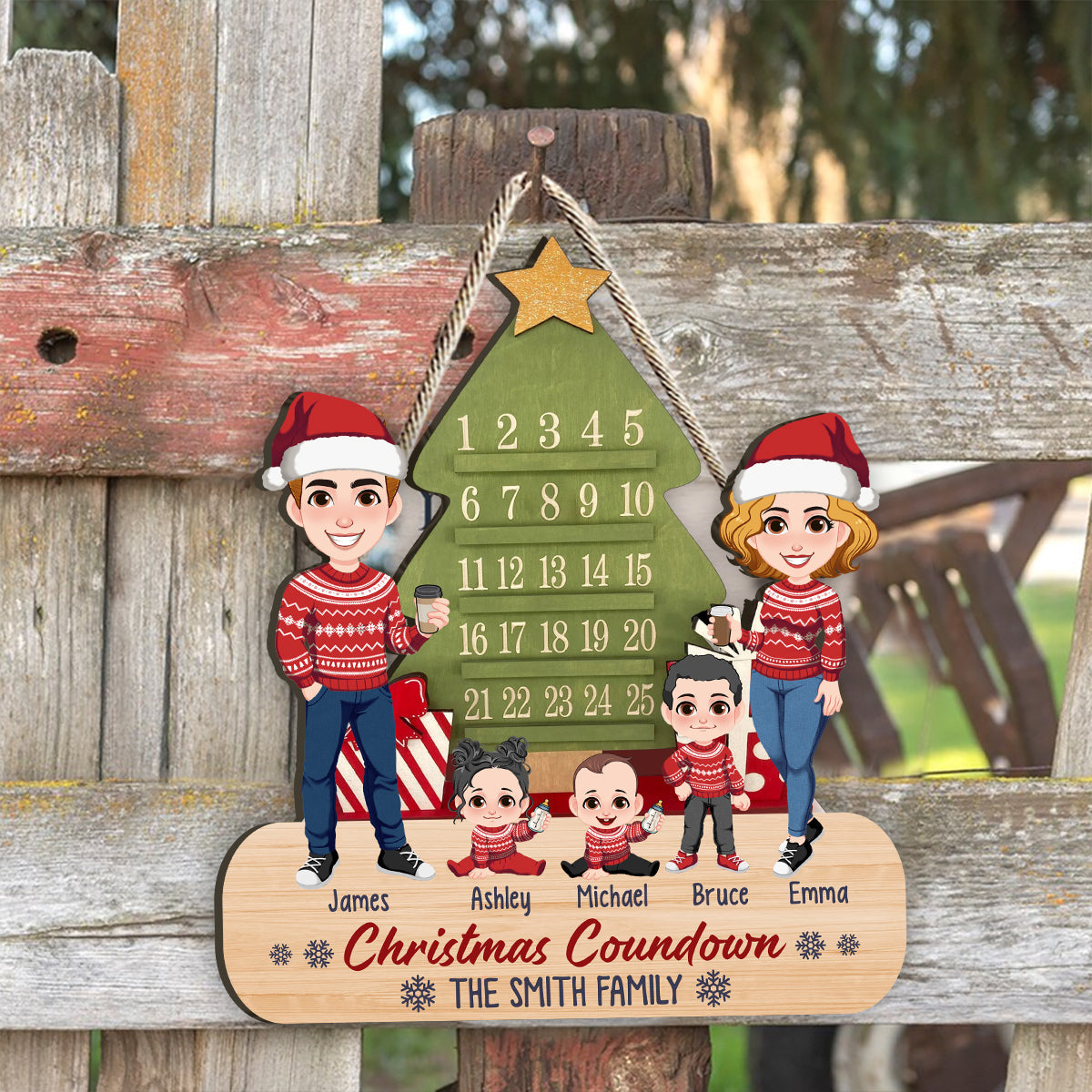Compte à rebours de Noël en famille - Panneau en bois personnalisé pour la famille