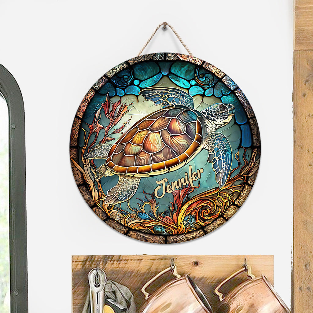 J'adore les tortues - Panneau rond en bois personnalisé avec une tortue