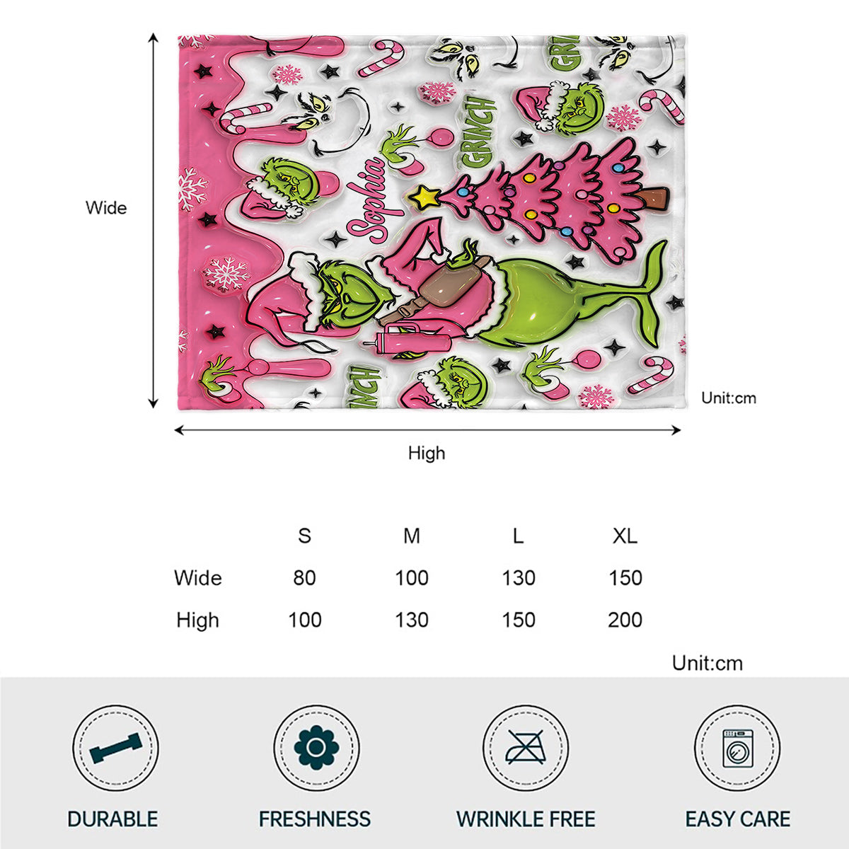 Couverture personnalisée avec flocons de neige roses et prénom au choix