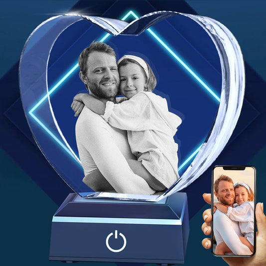 Lampe en cristal gravée au laser avec photo personnalisée - Cadeau pour papa - Lampe en cristal 3D en forme de cœur avec gravure laser personnalisée