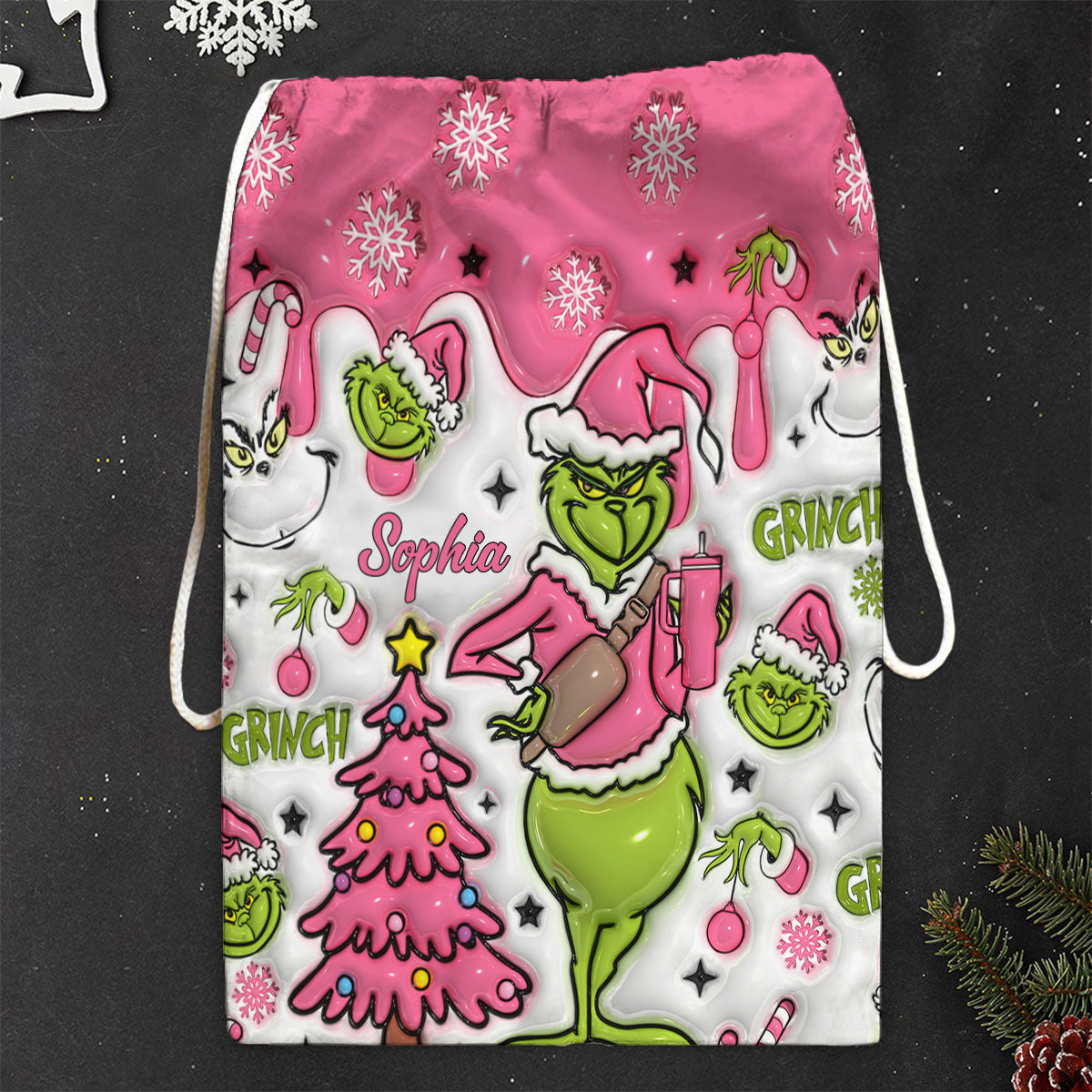 Joyeux Grinchmas - Sac fourre-tout de Noël personnalisé avec étole et cordon de serrage