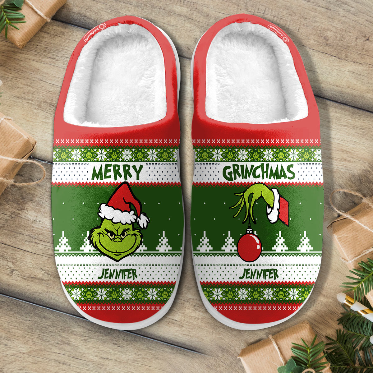 Joyeux Grinchmas - Étole de Noël personnalisée - Pantoufles de Noël