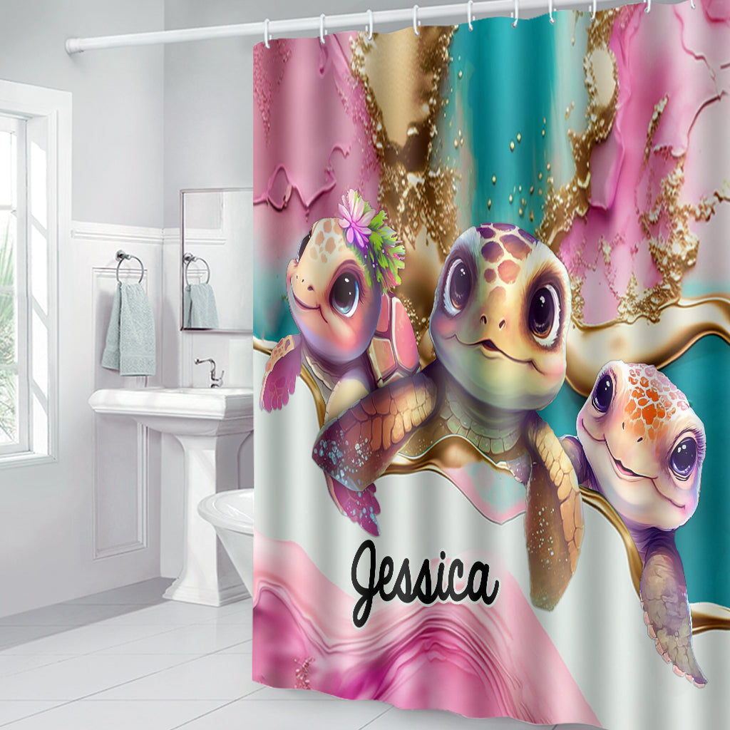 Ensemble rideau et tapis de bain personnalisés Salty Lil' Beach en forme de tortue
