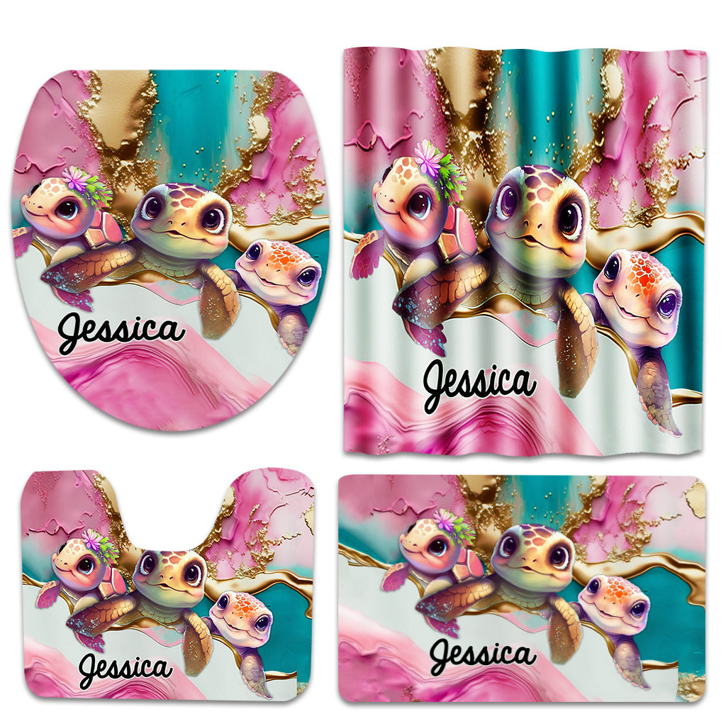 Ensemble rideau et tapis de bain personnalisés Salty Lil' Beach en forme de tortue