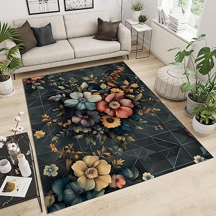 Tapis à motifs floraux, feuilles et plantes, antidérapant et lavable, pour l'intérieur. Tapis à poils courts qui ne perd pas ses poils, idéal pour le salon, la chambre, la salle à manger et la décoration intérieure. 