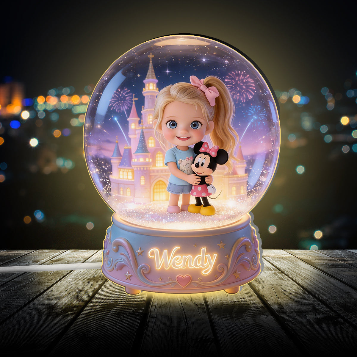 Custom Any Photo Magical Friends - Personalized Little Girl with Ponytail and Pink Bow Acrylic LED Night Light