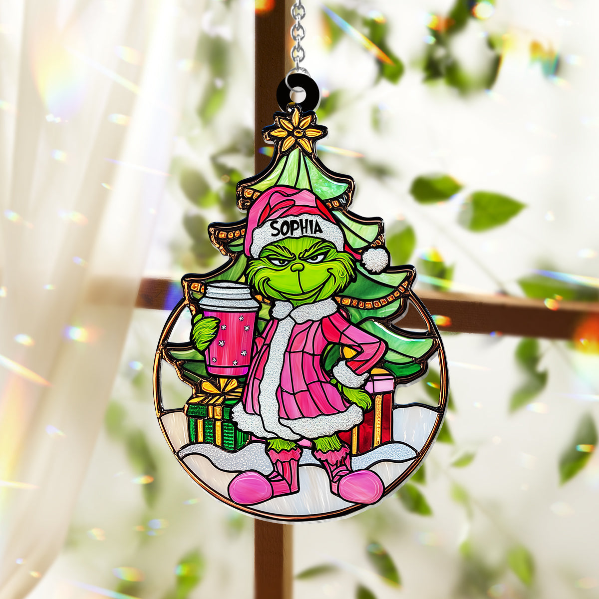 Grinchy Green Lady - Personalized Stole Christmas Window Hanging Suncatcher Ornament