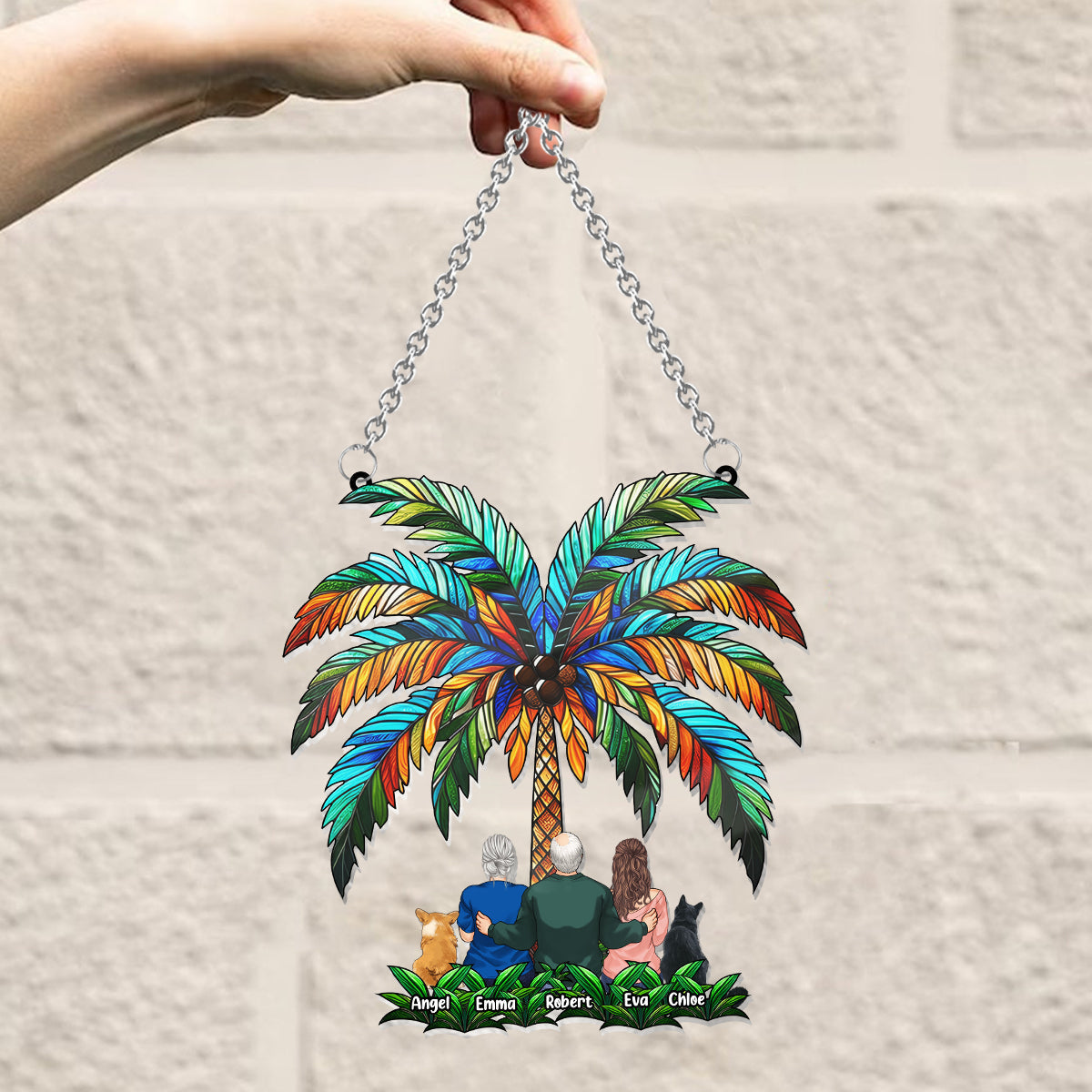 Family Under The Palm Tree - Personalized Family Window Hanging Suncatcher Ornament