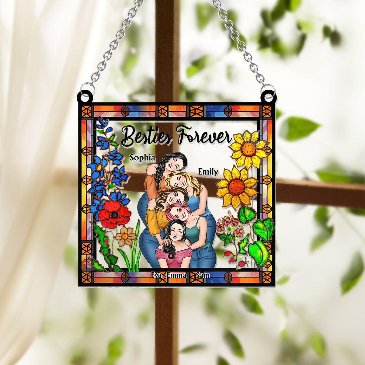 Besties Forever Floral Style - Personalized Bestie Window Hanging Suncatcher Ornament