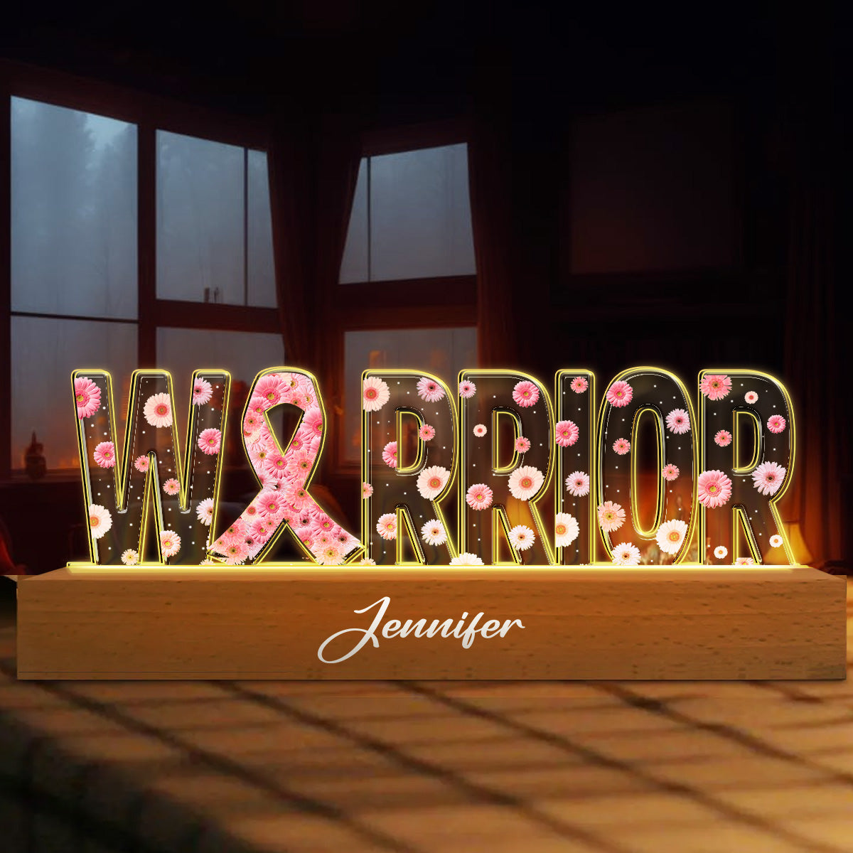 Guerrière du cancer du sein - Veilleuse LED personnalisée pour la sensibilisation au cancer du sein