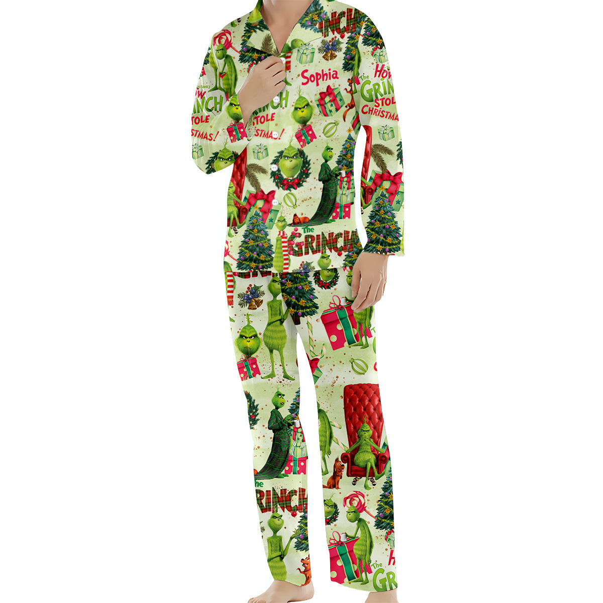 Green Christmas - Personalized Stole Christmas Button Down Pajamas