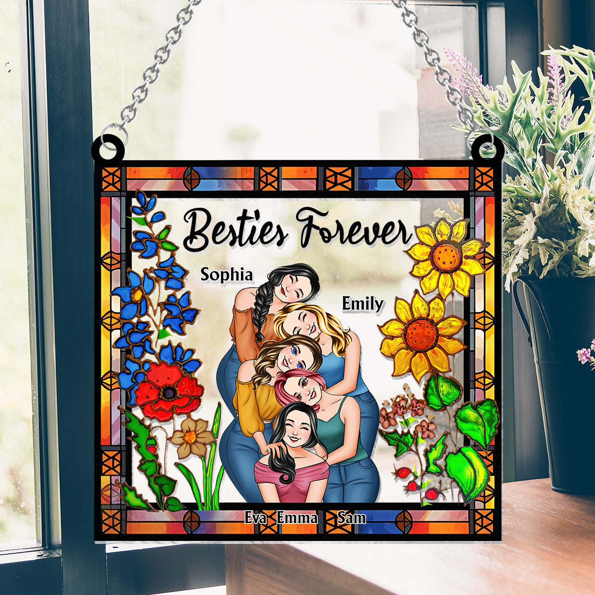 Besties Forever Floral Style - Personalized Bestie Window Hanging Suncatcher Ornament