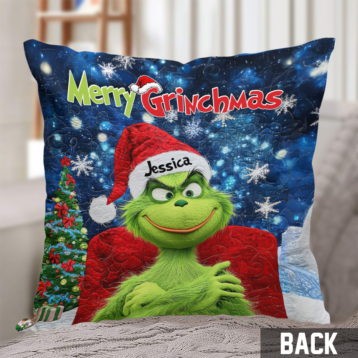 Joyeux Grinchmas - Coussin décoratif de Noël personnalisé avec étole