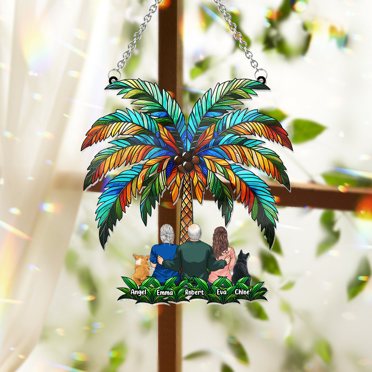 Family Under The Palm Tree - Personalized Family Window Hanging Suncatcher Ornament