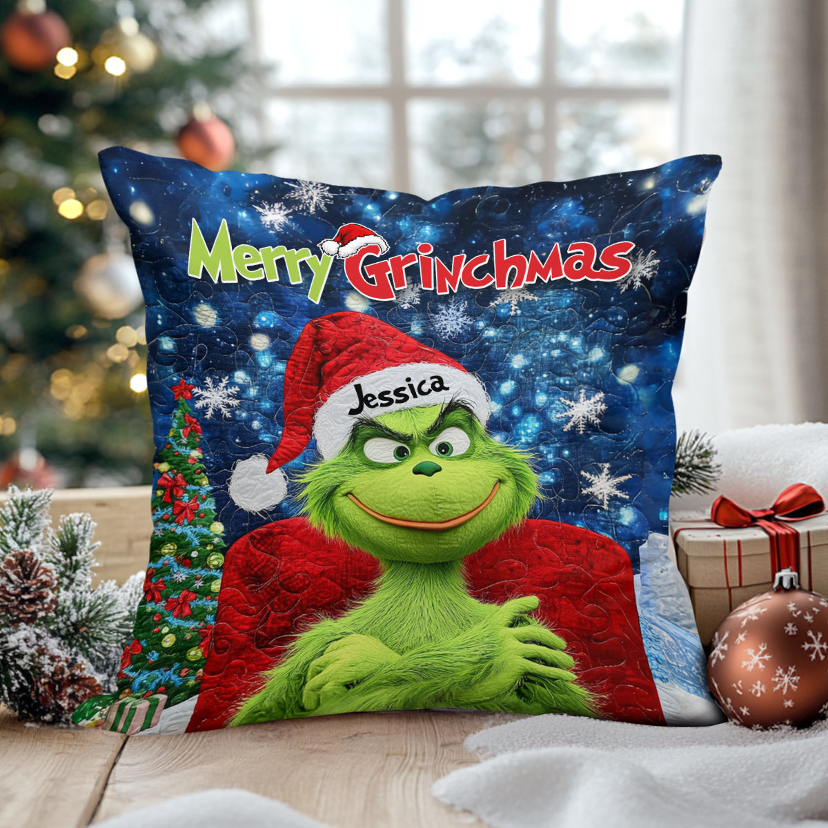 Joyeux Grinchmas - Coussin décoratif de Noël personnalisé avec étole