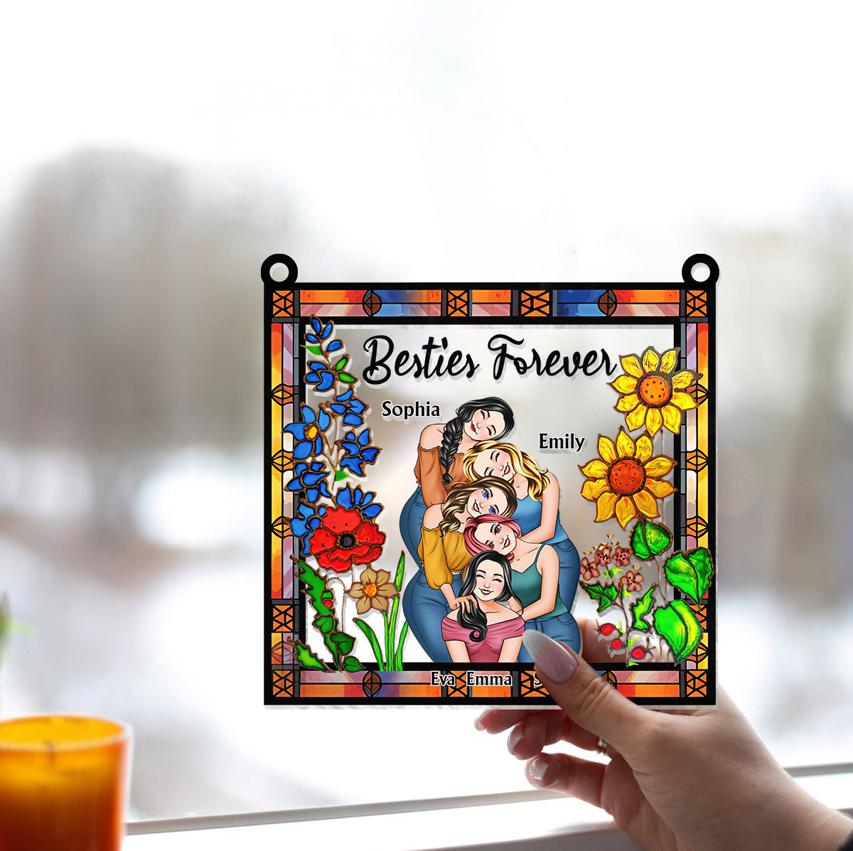 Besties Forever Floral Style - Personalized Bestie Window Hanging Suncatcher Ornament