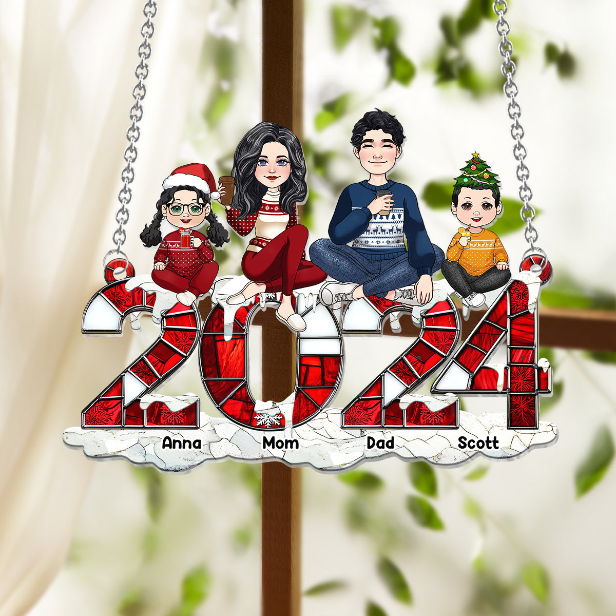 Noël 2024 - Décoration de Noël personnalisée pour toute la famille, attrape-soleil à suspendre à la fenêtre 