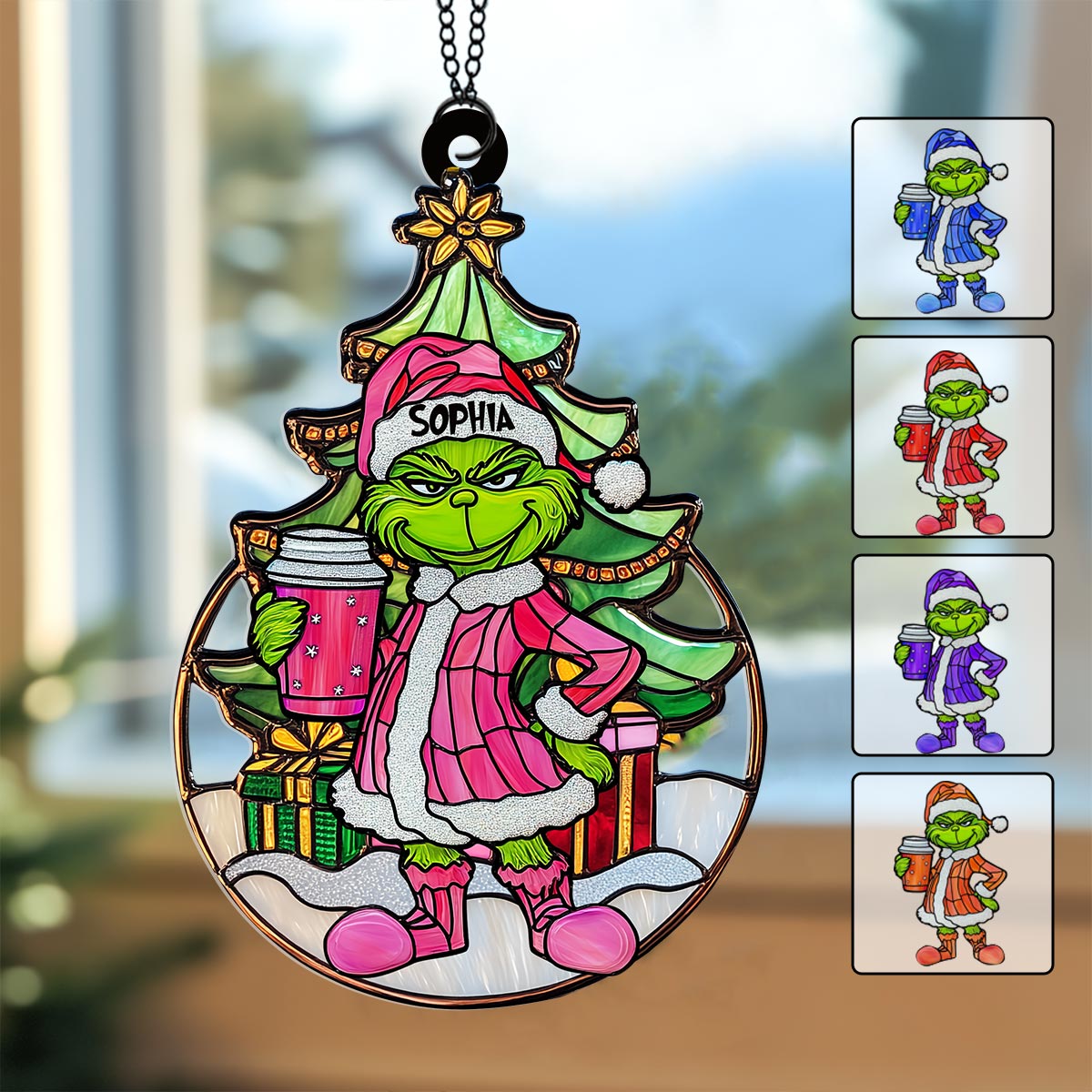Grinchy Green Lady - Personalized Stole Christmas Window Hanging Suncatcher Ornament