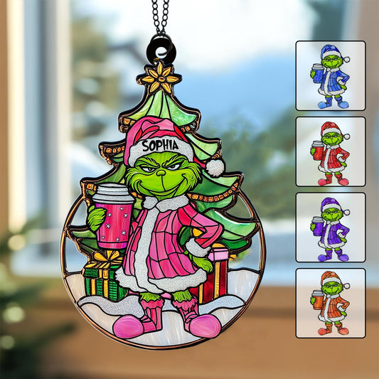 Grinchy Green Lady - Personalized Stole Christmas Window Hanging Suncatcher Ornament