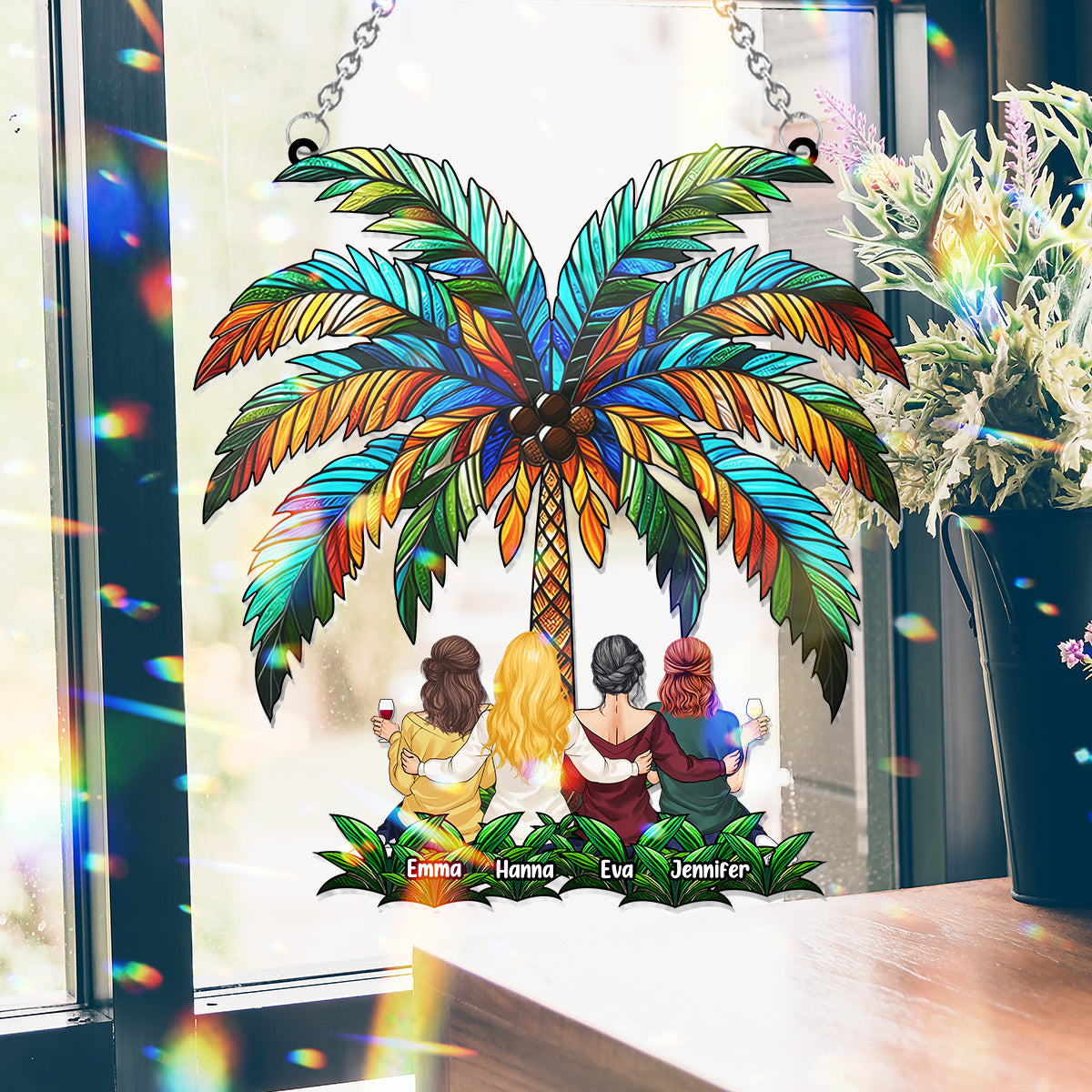 Meilleures amies sous le palmier - Attrape-soleil personnalisé à suspendre à la fenêtre 
